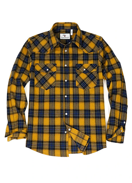 Front view of yellow blue men's plaid long sleeve western shirt