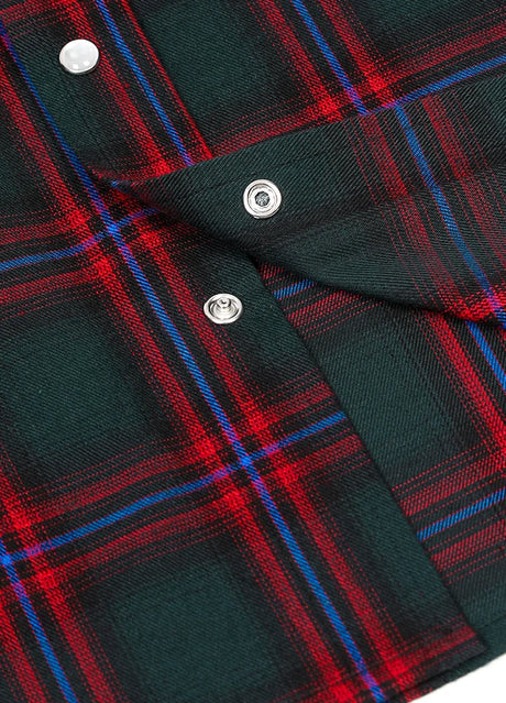 Close-up of the snap button of green christmas men's pearl snap plaid long sleeve western shirt