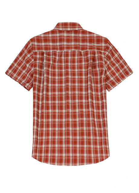 Back view of rust red men's checked lightweight short sleeve shirt