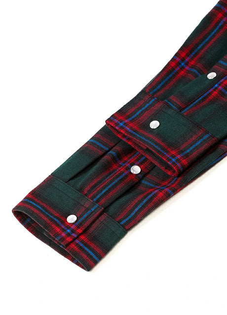 Close-up of the cuff of green christmas men's plaid long sleeve western shirt 