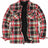 Front view of rust red men's fleece lined flannel plaid shirt jacket