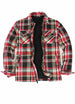 Front view of rust red men's fleece lined flannel plaid shirt jacket