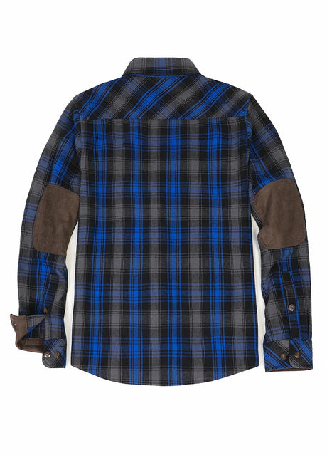 Back view of sky slate men's rugged ridge flannel plaid shirt 