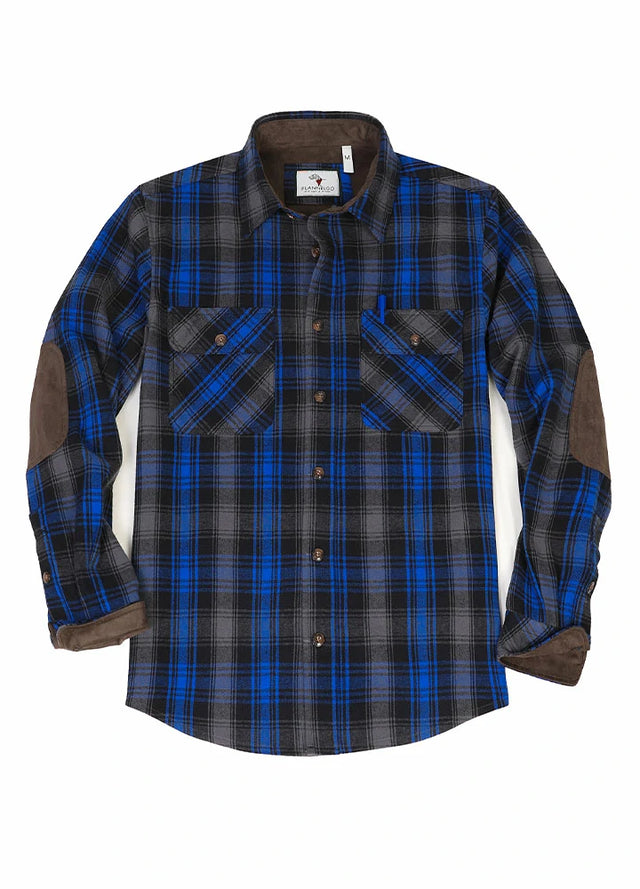 Front view of button closed sky slate men's rugged ridge plaid flannel shirt