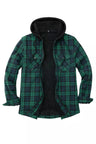 Front view of black watch men's zip up plaid hoodie