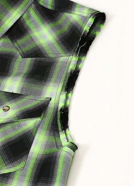 Close-up of the shoulder edge of neon green western outdoor plaid vest for men