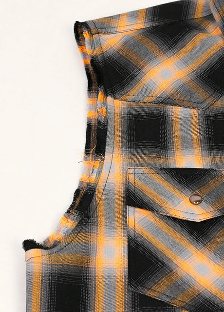 Close-up of the shoulder edge of comfortable orange western outdoor plaid vest for men