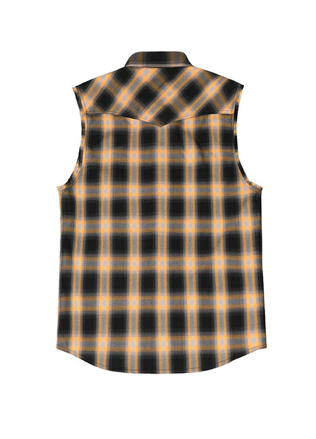 Back view of oranges men's soft western outdoor plaid vest