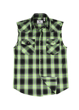 Front view of neon green men's western snap pearl plaid vest