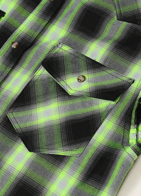 Close-up of the pocket of neon green men's durable western outdoor plaid vest