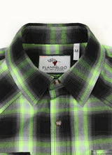 Close-up of the lapel of neon green men's durable western snap pearl plaid vest