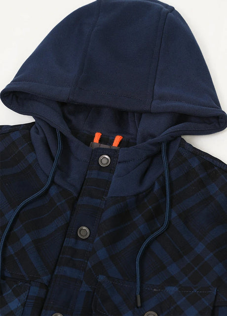 Close-up of the hood of indigo men's water repellent cotton flannel hoodie