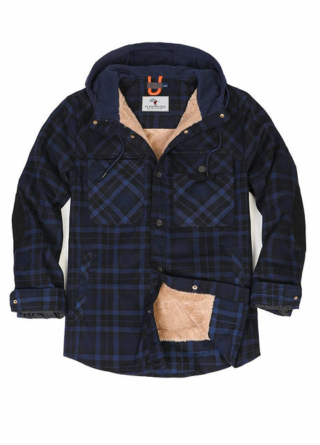 Men's Sherpa Lined Water Repellent Flannel Jacket with Hood,100% Cotton