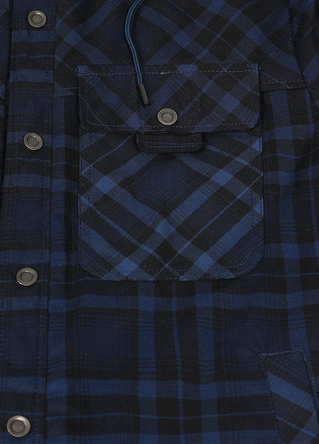 Close-up of the pocket of indigo men's cotton flannel shacket with hood