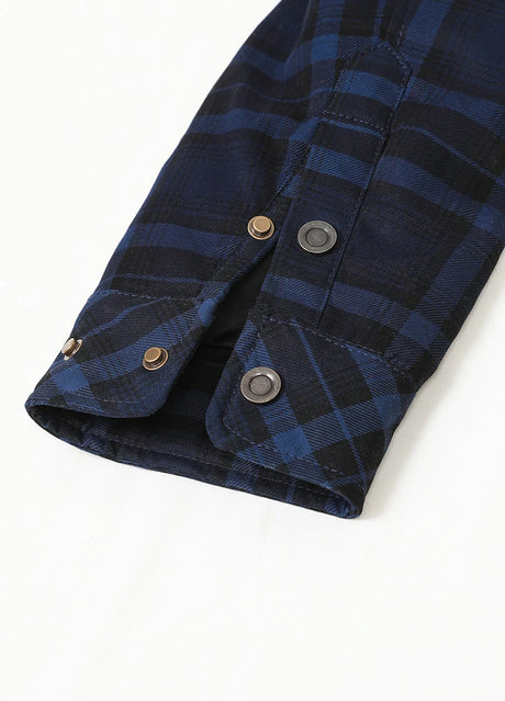 Close-up of the cuff of indigo men's snap button water repellent flannel jacket 