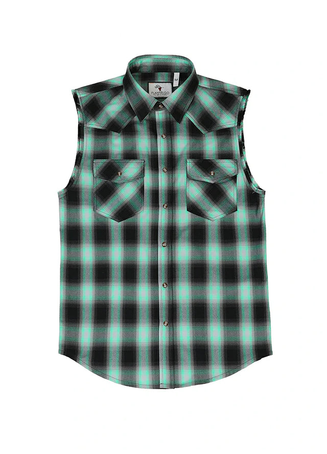 Front view of turquoise men's western snap pearl plaid vest