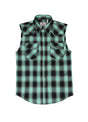 Front view of turquoise men's western snap pearl plaid vest