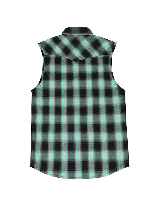 Back view of turquoise men's soft western outdoor plaid vest