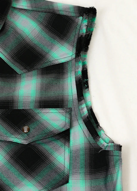 Close-up of the shoulder edge of turquoise western outdoor plaid vest for men