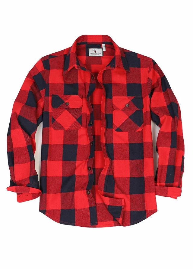 Front view of ruby navy men's rugged stiff flannel shirt