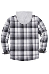 Back view of gray white men's button down plaid flannel shirt jacket with hood