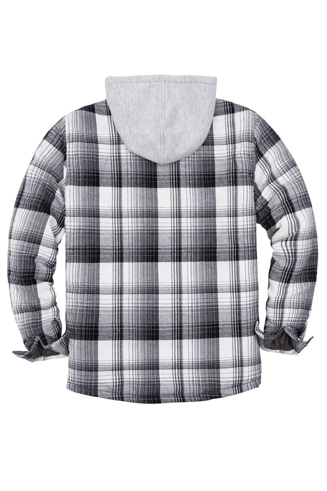 Back view of gray white men's button down plaid flannel shirt jacket with hood