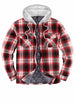 Front view of red men's button down plaid flannel shirt jacket