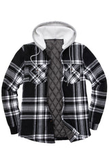 Front view of black white men's button down plaid flannel shirt jacket