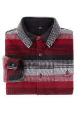 A high view of folded red stripe men's button closure jacket with sherpa lining