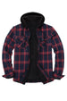 Front view of dark red men's zipper flannel shirt jacket with hood 