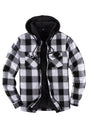 Front view of a black grey men's winter flannel shacket with hood 