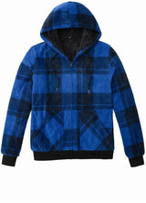 Front view of blue plaid men's thick sherpa lined plaid jacket