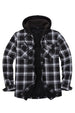 Front view of black men's sherpa lined flannel jacket with hood