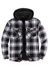 Front view of black white men's zipper flannel shirt jacket with hood 