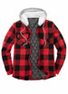 Front view of red men's button down plaid flannel shirt jacket 