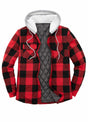 Front view of red men's button down plaid flannel shirt jacket 