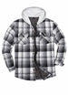 Front view of gray white men's button down plaid flannel shirt jacket