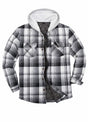 Front view of gray white men's button down plaid flannel shirt jacket