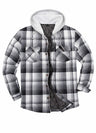 Front view of gray white men's button down plaid flannel shirt jacket