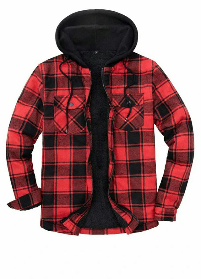 Front view of a red black men's sherpa lined flannel jacket with hood