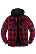 Front view of red grey men's flannel hoodie with sherpa lining