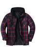 Front view of dark red men's thicken plaid hooded flannel shirt jacket