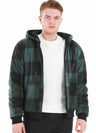 Front view of a man in a green men's checkered plaid hoodie