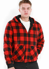 Front view of a young man in a red plaid men's checkered plaid hoodie