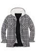 Front view of gray men's plaid flannel shacket with sherpa lining