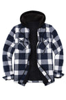 Front view of navy white men's zipper flannel shirt jacket with hood 