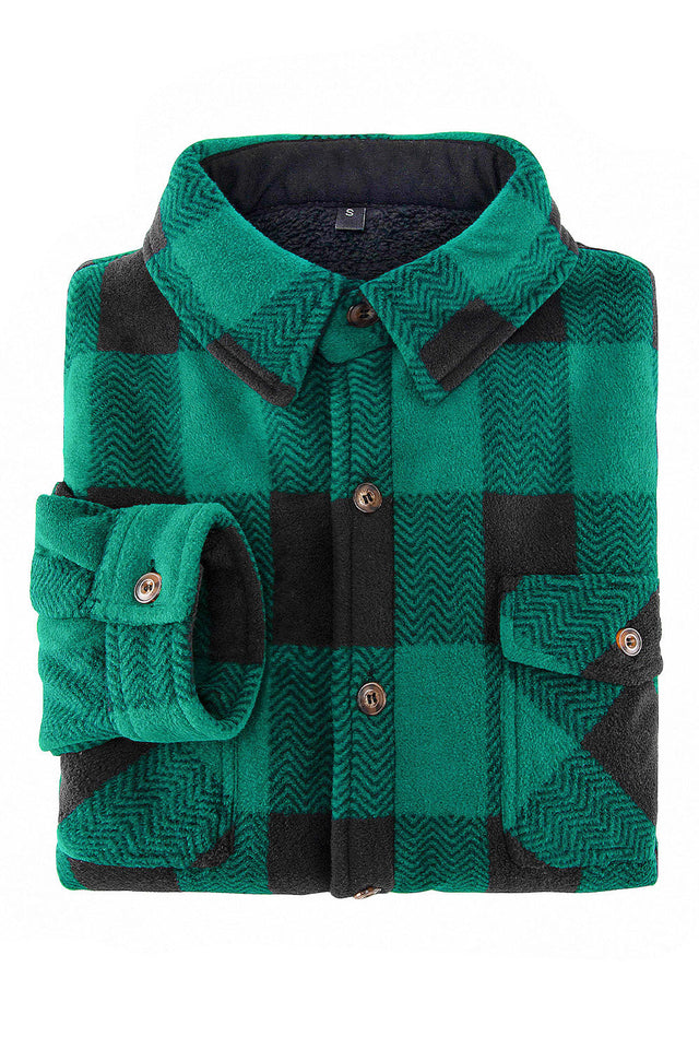 A high view of folded green men's cozy button plaid shirt jacket with sherpa lining