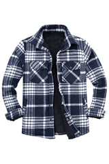 Front view of navy white men's warm thick flannel shirt jacket 