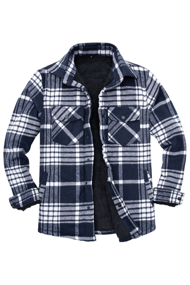 Front view of navy white men's warm thick flannel shirt jacket 