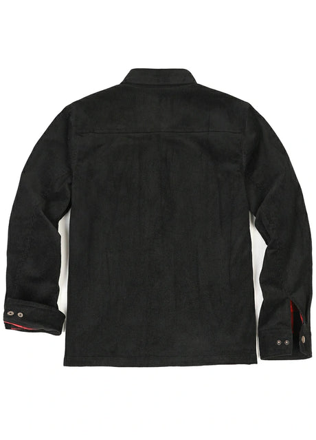 Back view of men's black flannel lined corduroy shirt jacket